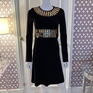 Tory Burch Dark Navy Blue Wool Dress with Gold Sequin Embellishment Size XS